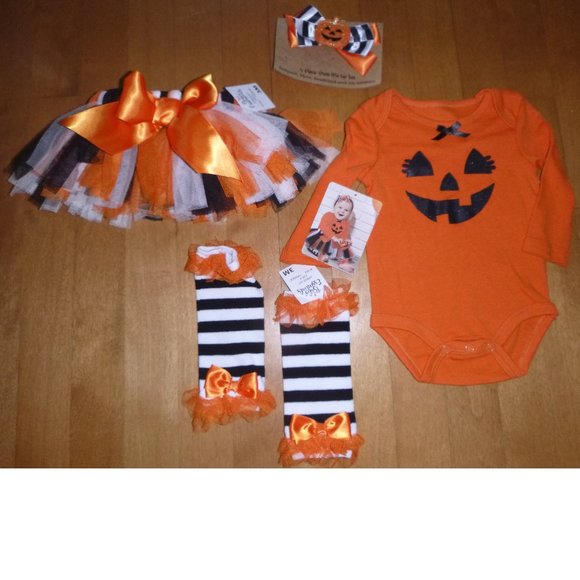 Baby Girls 4-Pc Halloween Bodysuit Tutu Skirt Leg Warmers Headband-3 mo 9 mo NWT - Picture 1 of 2